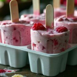 Method for making sugar-free homemade pink ice cream using natural fruit and berries: Step 5 involves pouring a mixture of coconut milk, bananas, and raspberries into molds to create fruit and berry popsicles.